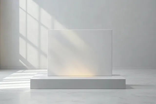 Minimalist white pedestal displaying a blank backlit canvas with grid shadows