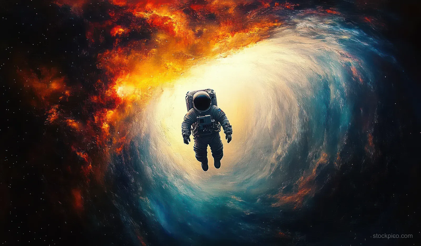An astronaut floats in front of a swirling galaxy with a bright glowing core and fiery red and blue clouds.