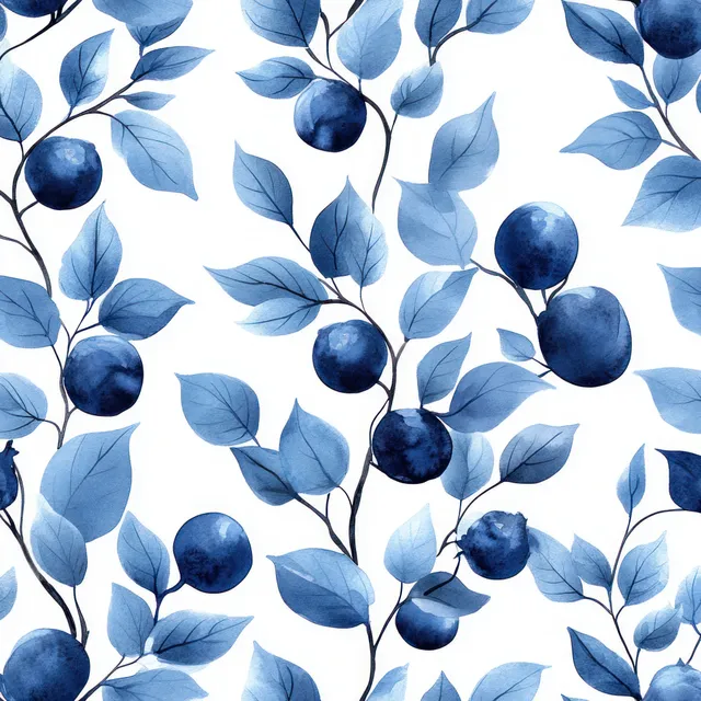 Hand-drawn watercolor blueberry leaves pattern with dark navy ink on white seamless background