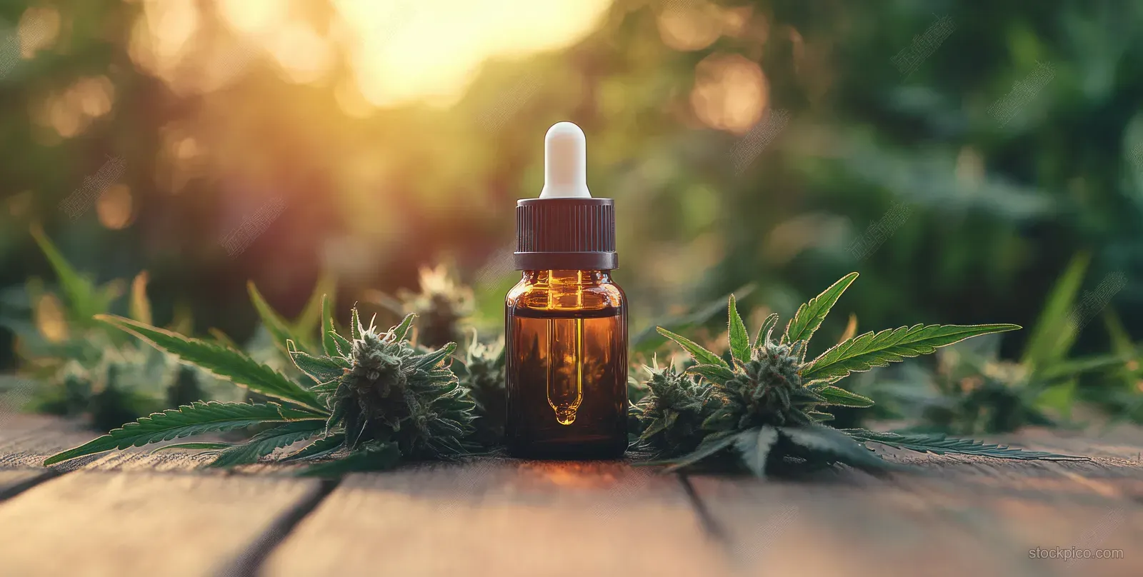 Amber cannabis oil dropper bottle on wood surrounded by fresh cannabis leaves and buds in golden hour sunlight.