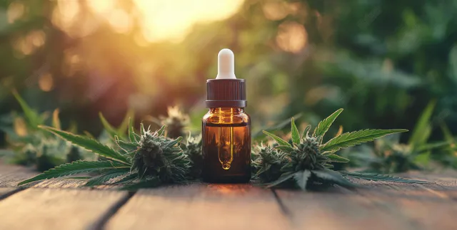 Amber cannabis oil dropper bottle on wood surrounded by fresh cannabis leaves and buds in golden hour sunlight.