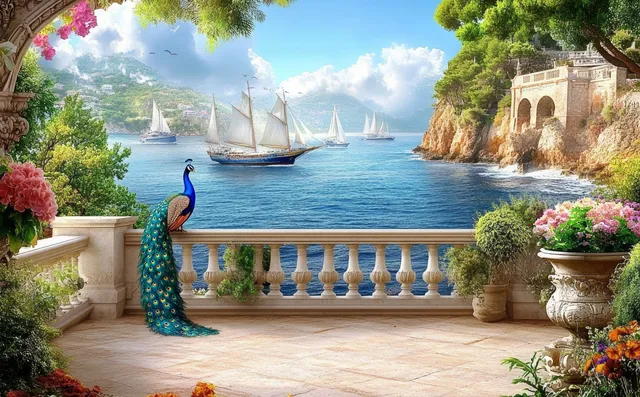 A peacock stands on a stone terrace as sailboats sail across a blue ocean behind colorful flowers.