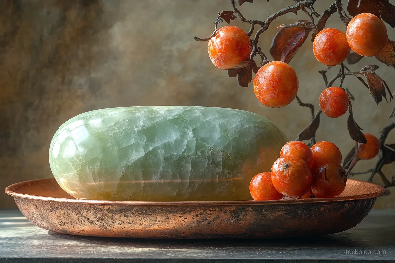 A jade gua sha stone on a wooden tray with dried berries and branch decor in soft light.