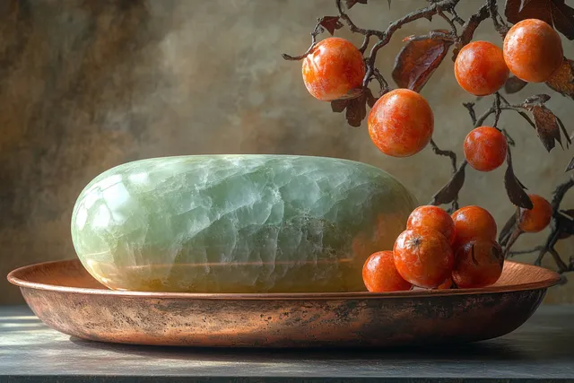Jade gua sha stone resting on wooden tray beside dried berries and branch decor