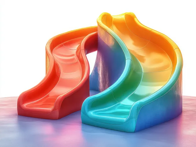 Two curved plastic playground slides in orange and rainbow colors rest on a smooth surface under bright lighting.