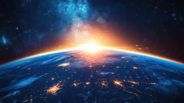 Sunrise over Earth from space with glowing city lights, thin atmospheric glow, and stars in a dark galaxy sky.