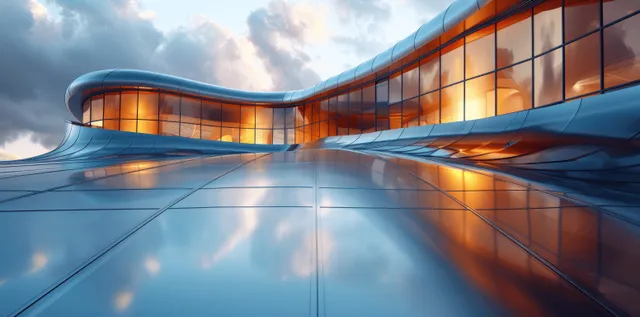 Curved glass skyscraper rises through city clouds, orange-lit steel facade with long perspective