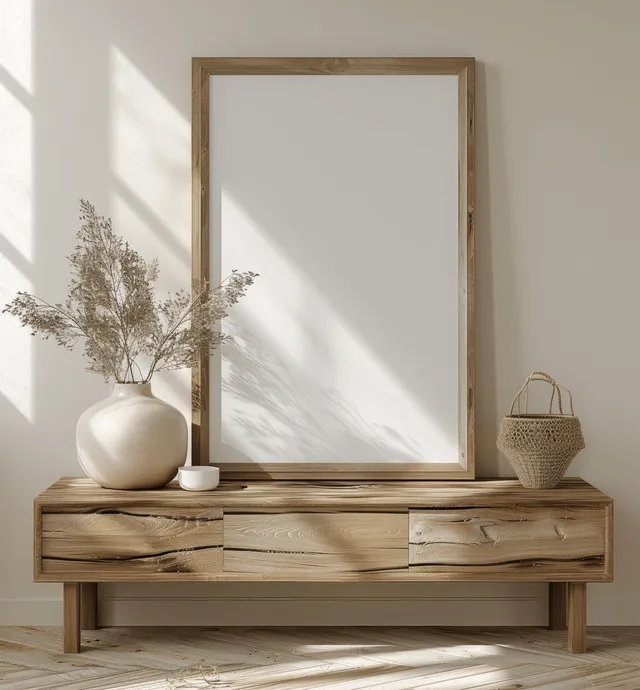 Rustic wooden picture frame mockup on Scandi sideboard by sunlit window