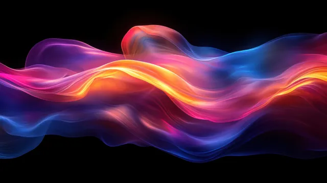 Iridescent ribbon waves with bright red, blue, and green gradients flow across a dark abstract background.
