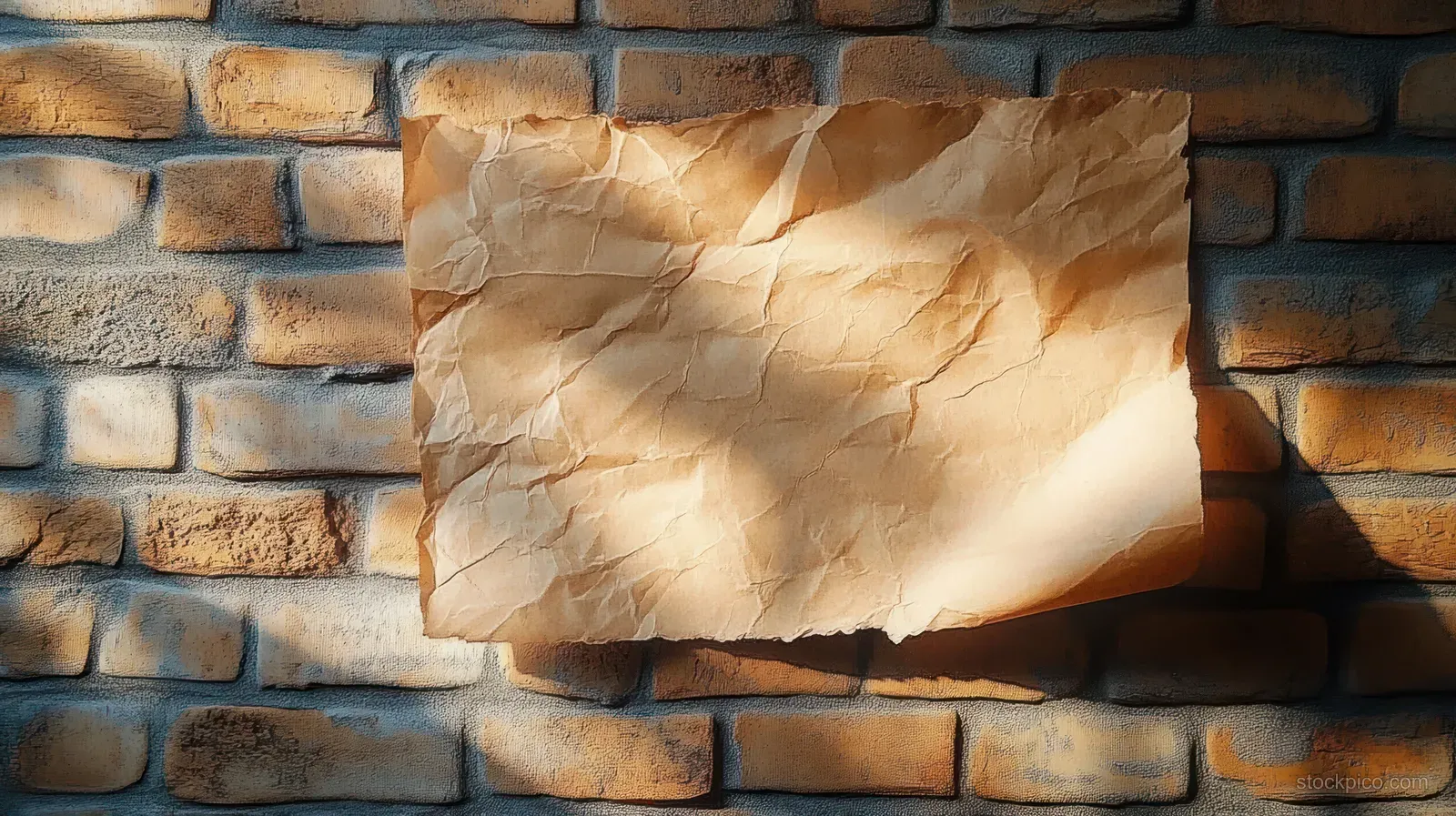 Crumpled blank paper sheet attached to a textured brick wall with warm sunlight and soft shadows.