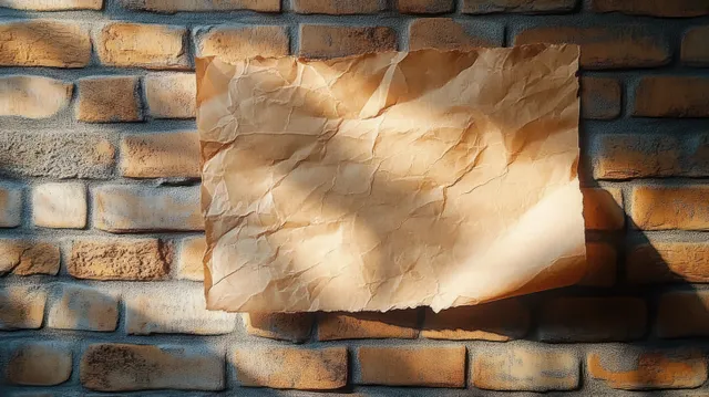 Crumpled blank paper sheet attached to a textured brick wall with warm sunlight and soft shadows.
