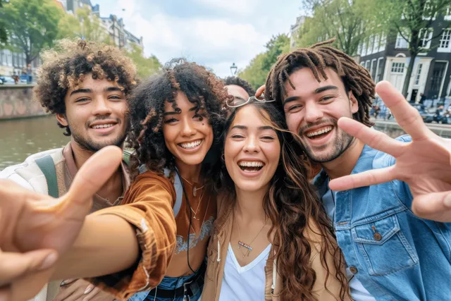 Diverse friends take a selfie in a sunny city park, trees and skyline behind