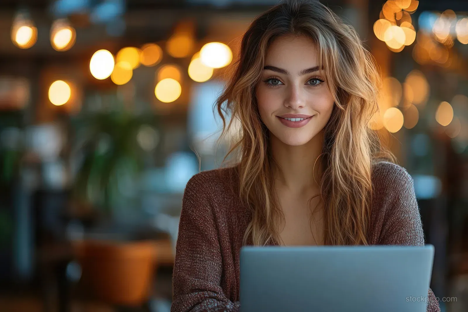 Young businesswoman smiling while typing on a laptop at her desk with warm bokeh lights behind her.