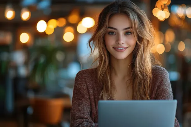 Young businesswoman smiling while typing on a laptop at her desk with warm bokeh lights behind her.