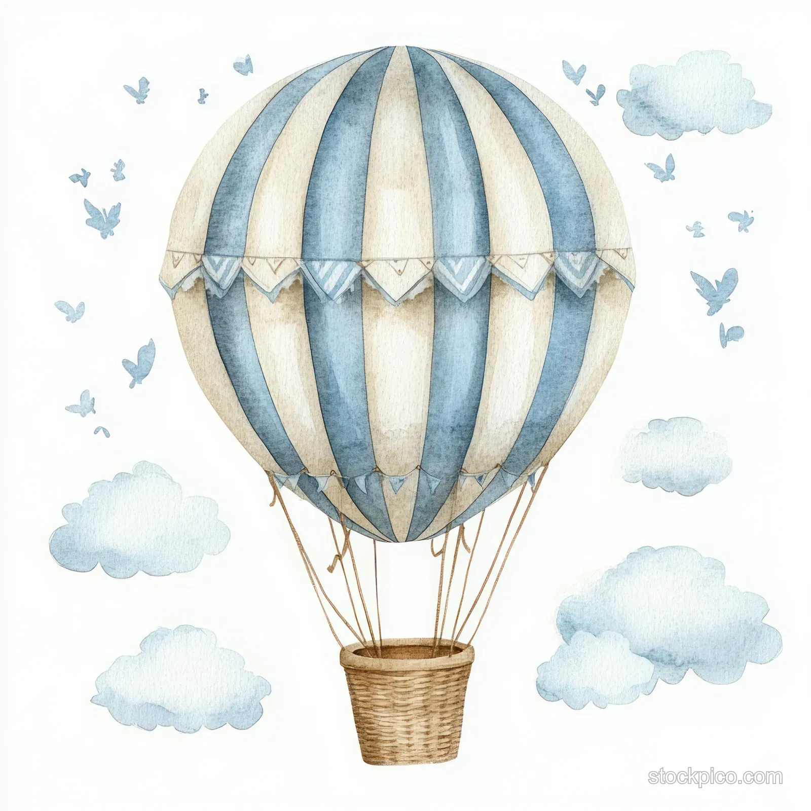 Watercolor hot air balloon with blue and cream stripes floating above soft clouds and butterflies.