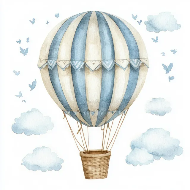 Whimsical watercolor hot air balloon floating in a sky of soft clouds and butterflies