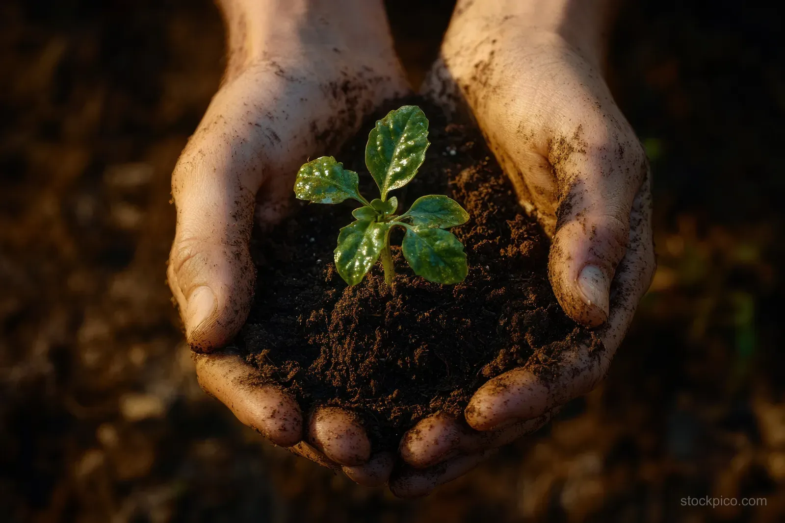 Farmer hands hold small green seedlings in dark soil as eco-friendly fertilizer is applied on a field.