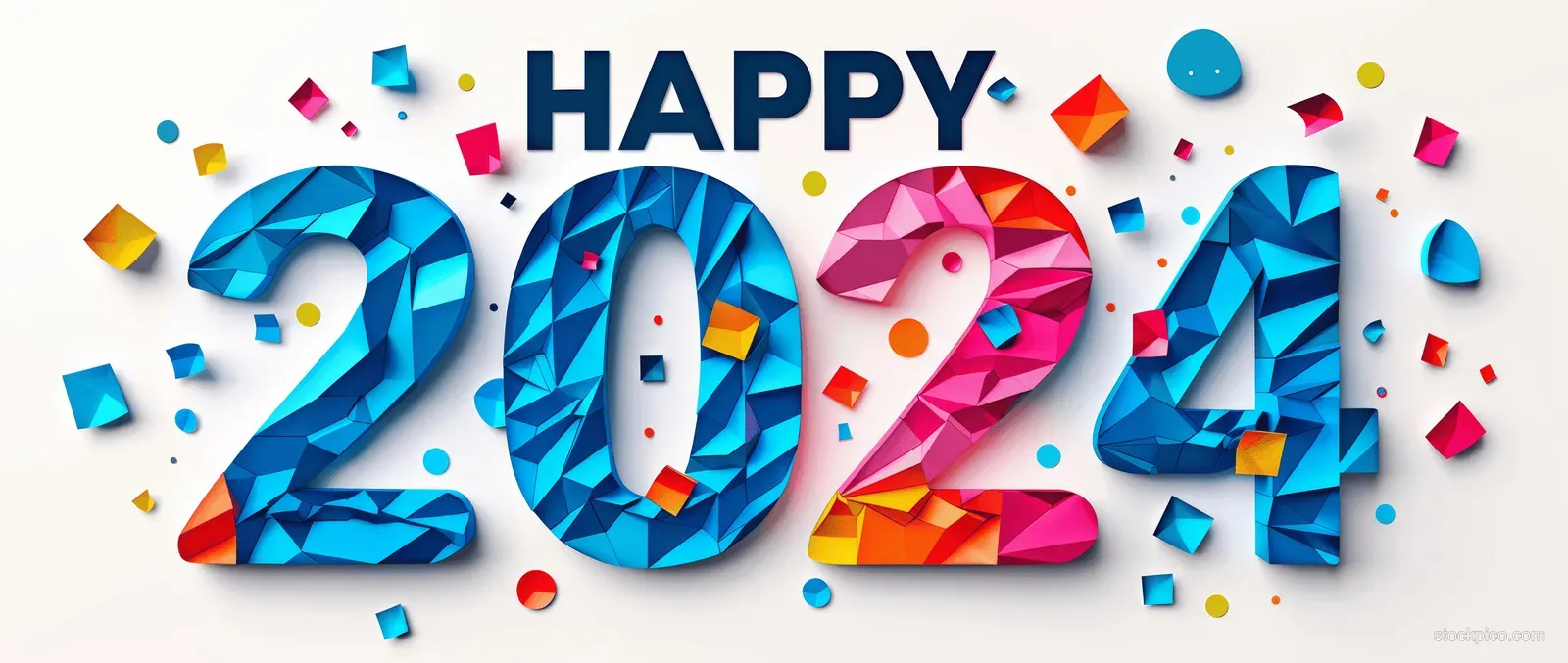 Paper-cut 2024 numbers with “HAPPY” text on a colorful confetti background for a New Year greeting card.