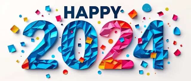 Happy 2024 paper-cut greeting card with colorful confetti and crisp 3D typography