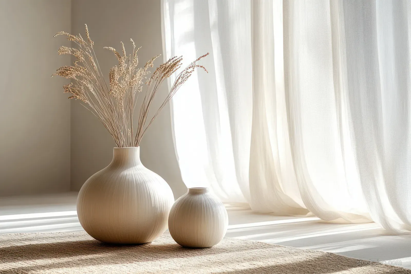 Two minimalist vases with dried flowers sit on a rug near sheer white curtains with soft sunlight.