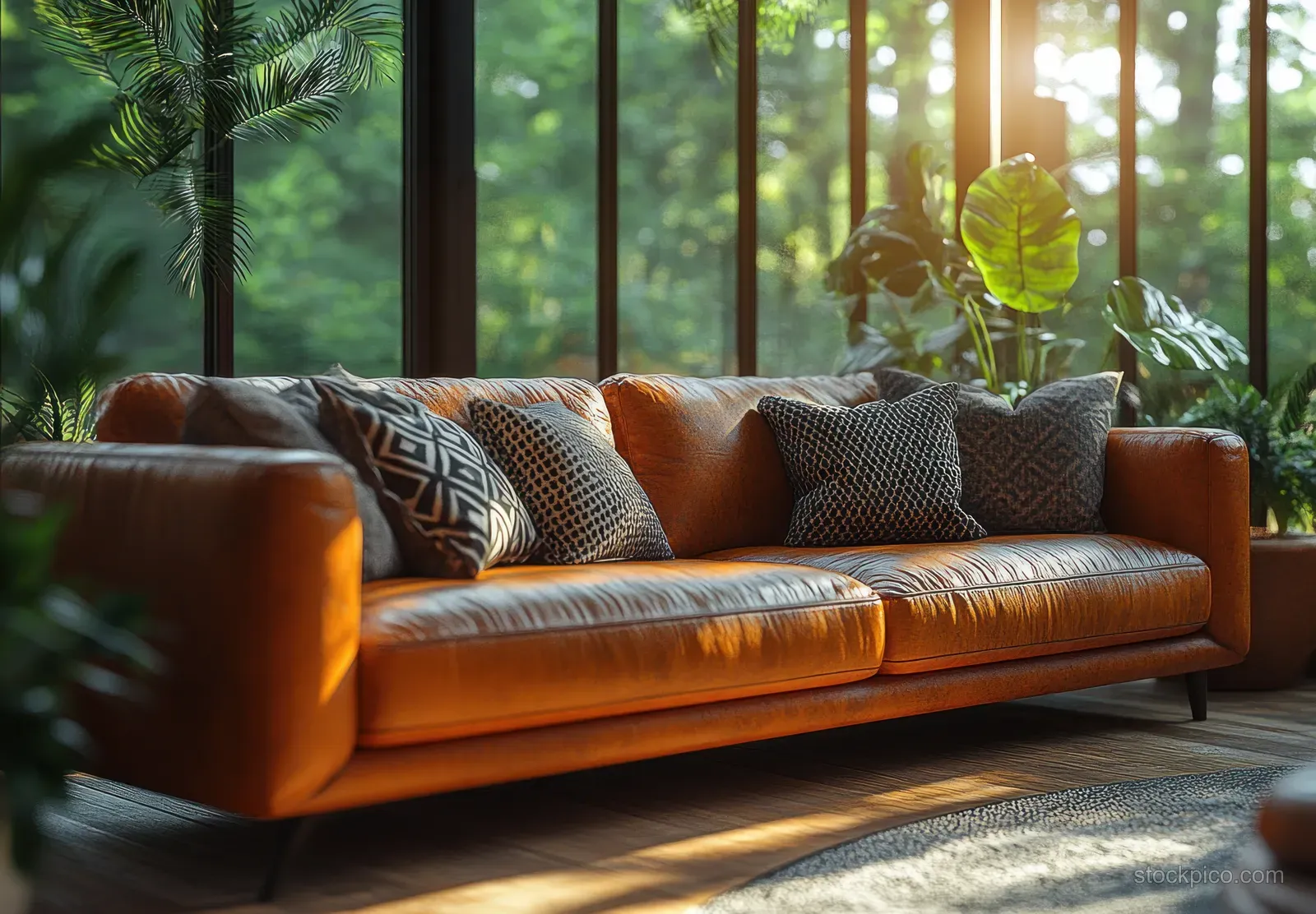 Leather sofa with geometric cushions in a bright living room beside large windows and indoor plants.