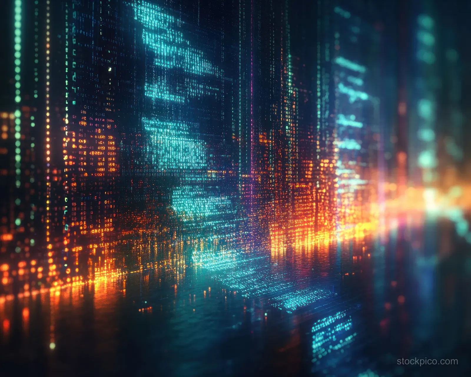Glowing teal and orange code columns fill a dark abstract digital landscape.