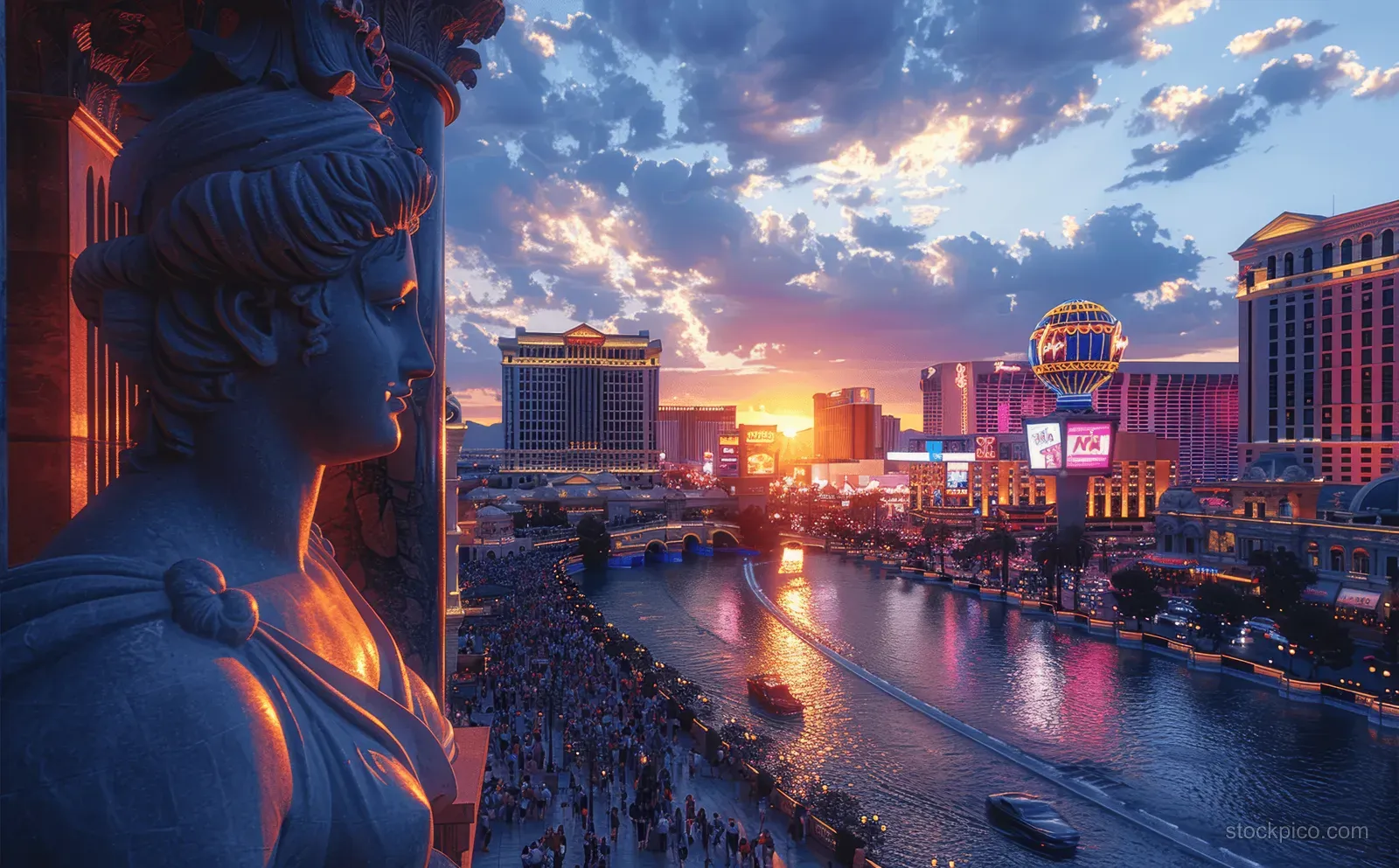 Aerial skyline view of Las Vegas Strip at sunset with neon buildings, a river, and visible traffic.