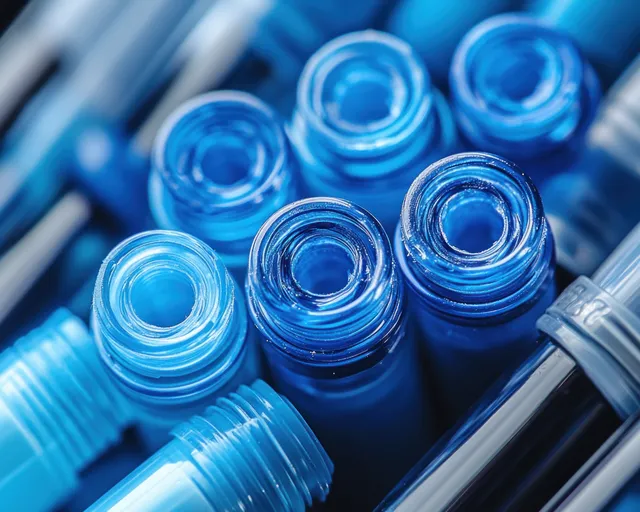 Assorted blue injectable pens and caps are arranged in a close-up, showing translucent plastic openings and no needles.