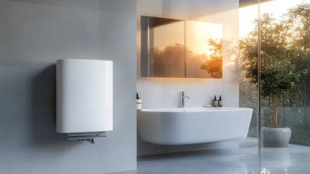 Wall-mounted water heater and mirror-like sink in a bright grey bathroom with warm outdoor light reflections.