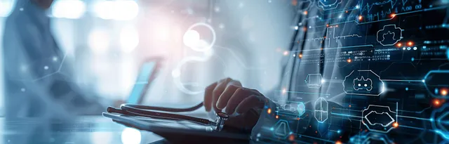 Doctor holding tablet while AI overlays interpret an EKG waveform in hospital data screen