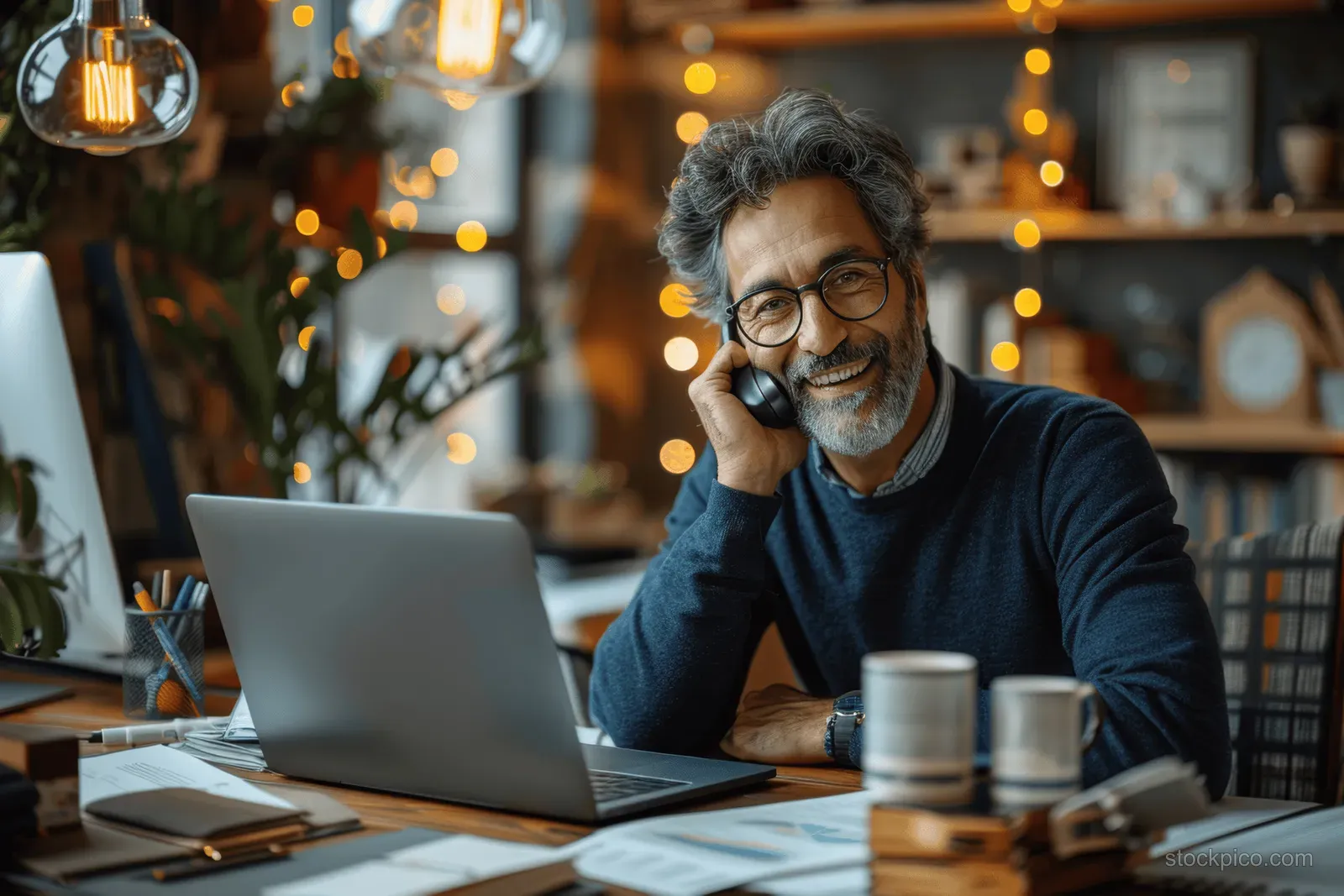 An elderly businessman smiles while talking on a phone at a desk with an open laptop and papers.