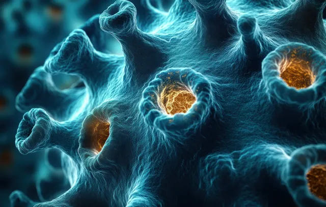 Blue spiky virus particles with glowing orange centers shown in close-up.