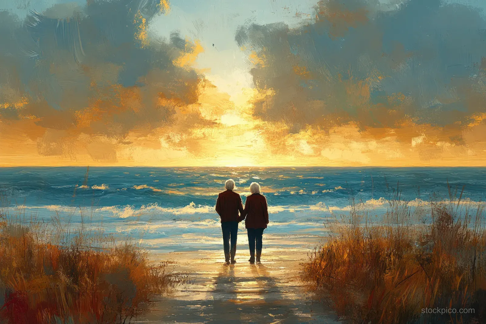 A smiling senior couple walks hand in hand along a beach path at sunset with ocean waves behind.