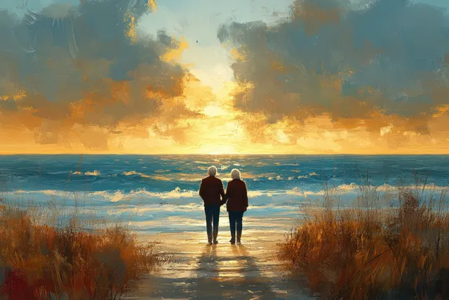 Smiling senior Asian couple strolling along a beach at sunset, holding hands together with Husband And Wife
