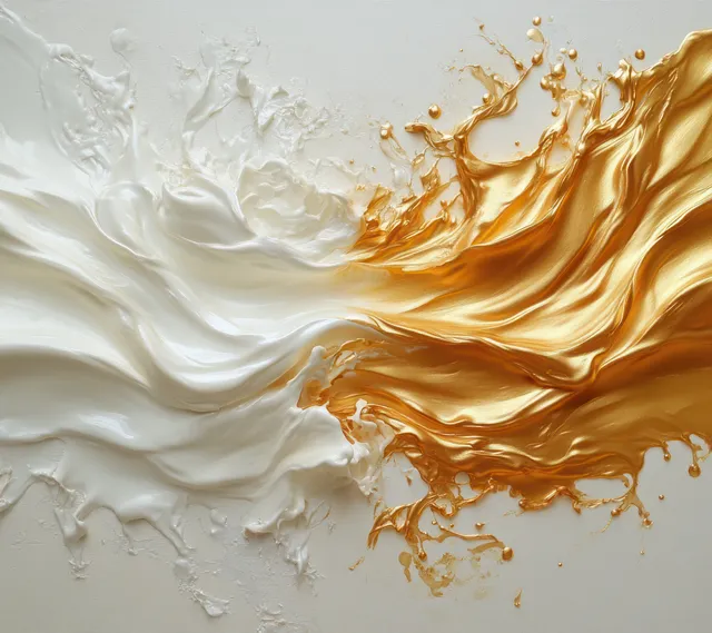 Golden oil and creamy white dairy liquid swirl together on clean white backdrop