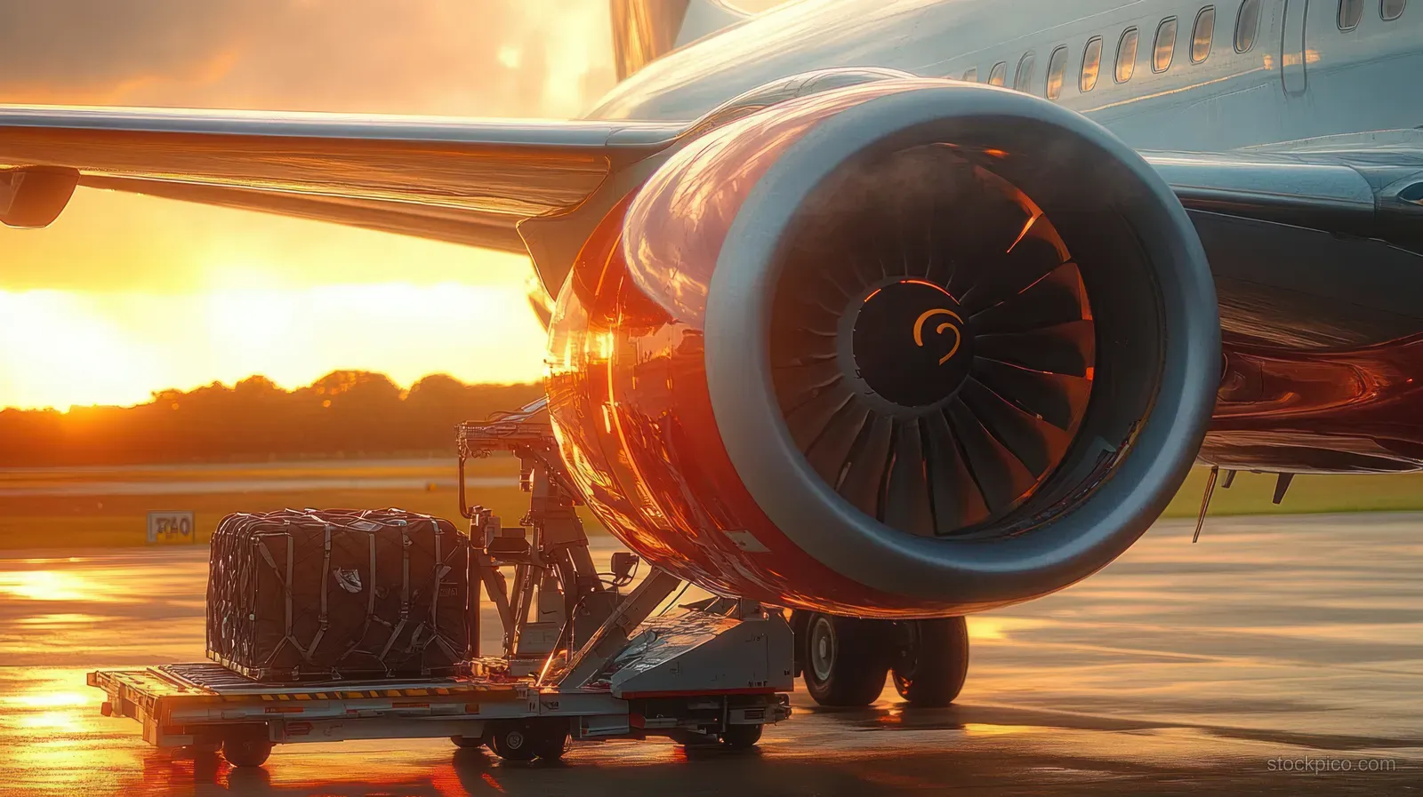 Suitcases sit on an airport conveyor belt beside a parked airplane engine at sunset.