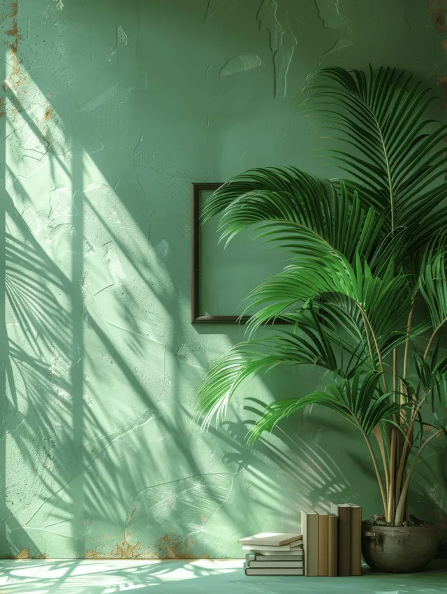 Black-framed poster mockup on living room wall with tropical leaves and sunlit shadows