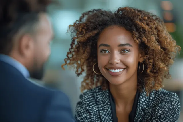 Smiling businesswoman shaking hands with executive across meeting table in office with Leadership And Management