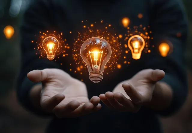 Person offering glowing light bulbs above open hands in a dark, bokeh-filled scene with Technology Symbolism