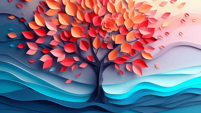 Colorful paper cut tree with layered blue wave swirls and clustered orange-red leaves against a light backdrop.