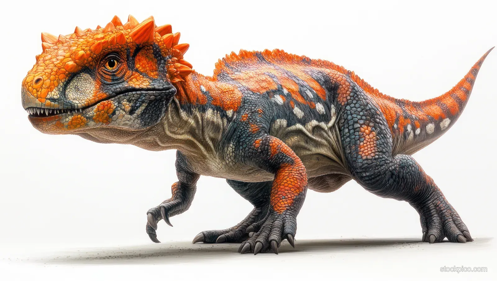 Pachycephalosaurus walking in side profile with a thick dome skull and scaly legs on a white background.