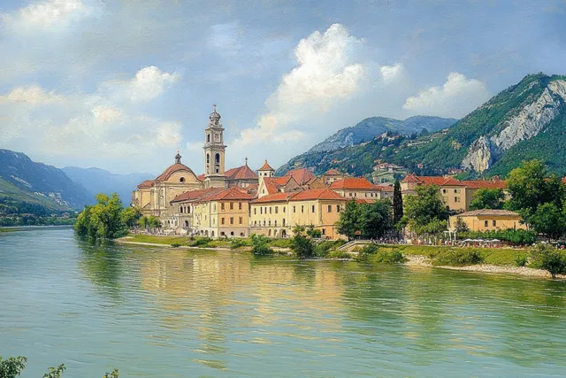 Historic riverside buildings and a church tower reflect in a calm river beneath green mountains and partly cloudy blue sky.
