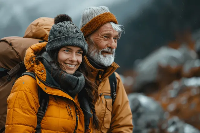 Elderly couple smiles while hiking along a coastal trail with ocean mist and rocky shoreline behind them.