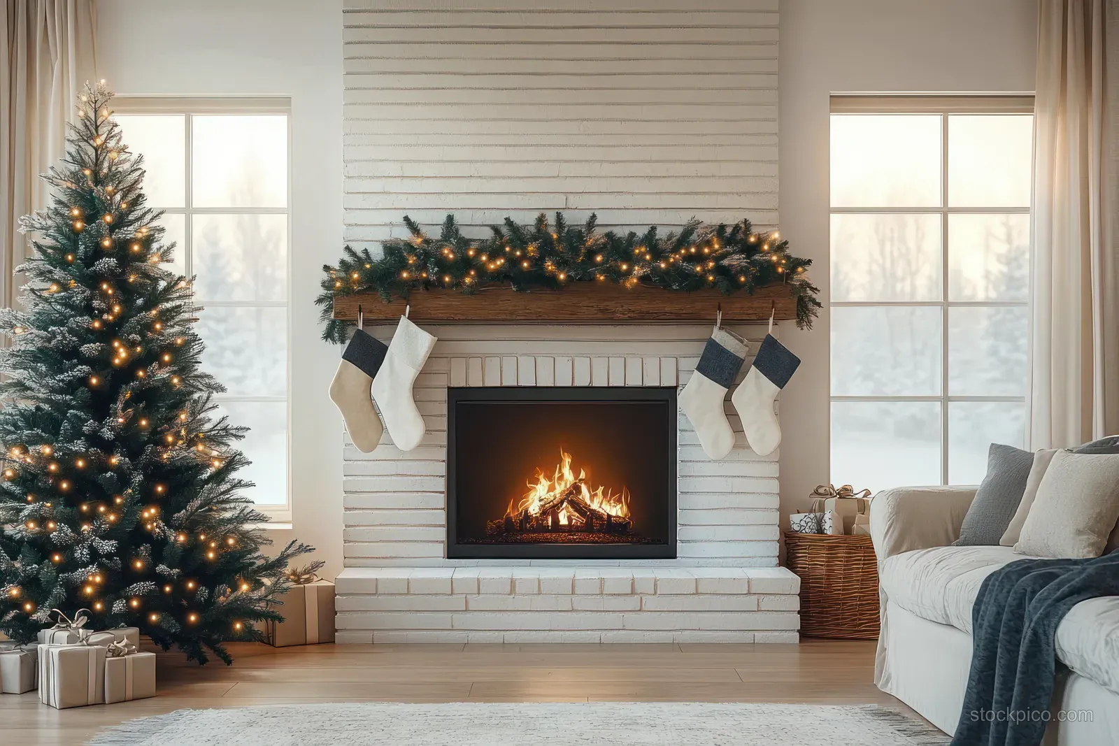 A modern living room with a white brick fireplace, glowing fire, Christmas tree, and hanging stockings by the hearth.