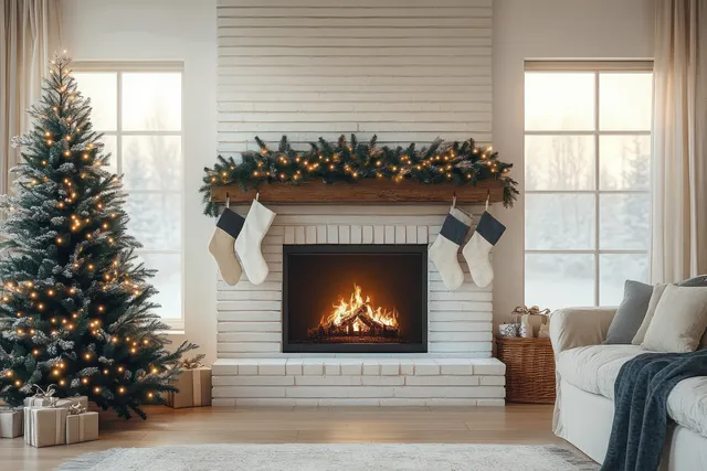 A modern living room with a white brick fireplace, glowing fire, Christmas tree, and hanging stockings by the hearth.