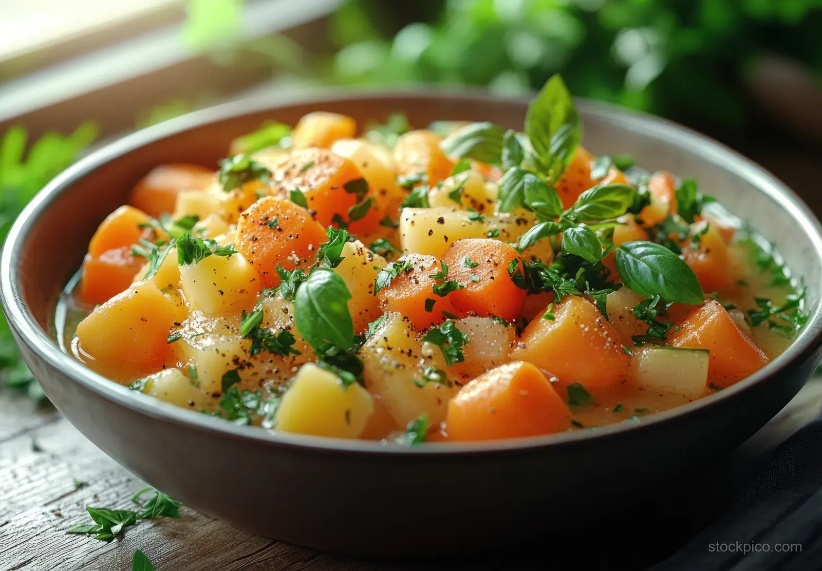 Close-up of vegetable soup in a bowl with carrot and cauliflower pieces, garnished with parsley and pepper.