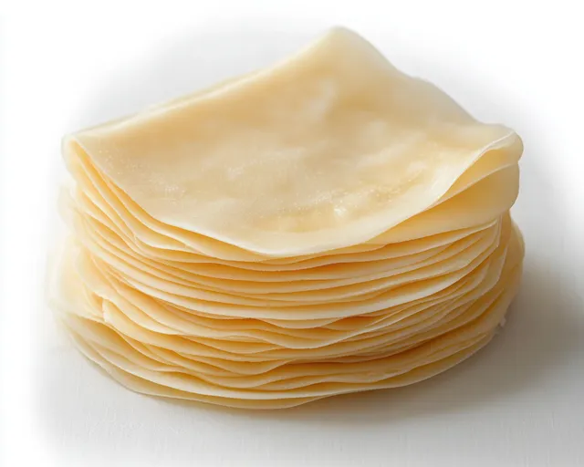 Thin square sheets of raw dough stacked on a white surface with visible layered edges and soft lighting.