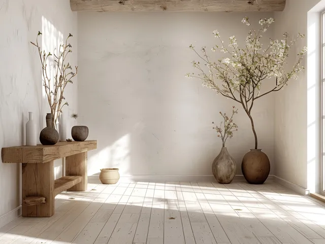 Minimalist entrance hall with a wooden console, vases holding branches, and sunlit white walls.
