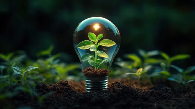 Small green seedlings growing inside a clear light bulb on dark soil, eco symbolism