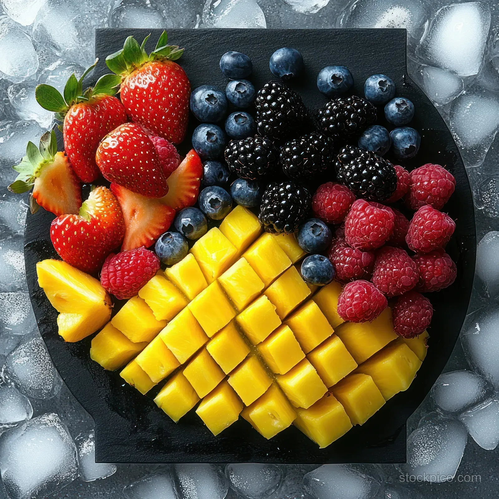 Assorted sliced mango and mixed berries sit on a black plate with ice cubes around them.